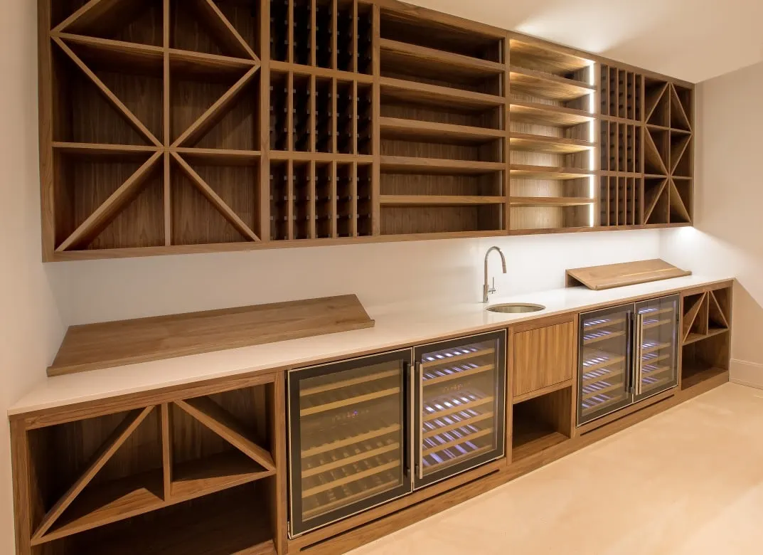 Wine room with oak racking and backlit shelves, Kingston