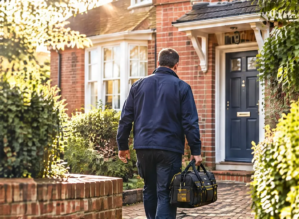 Tradesman carrying a tool bag up the path to the front door of a brick house