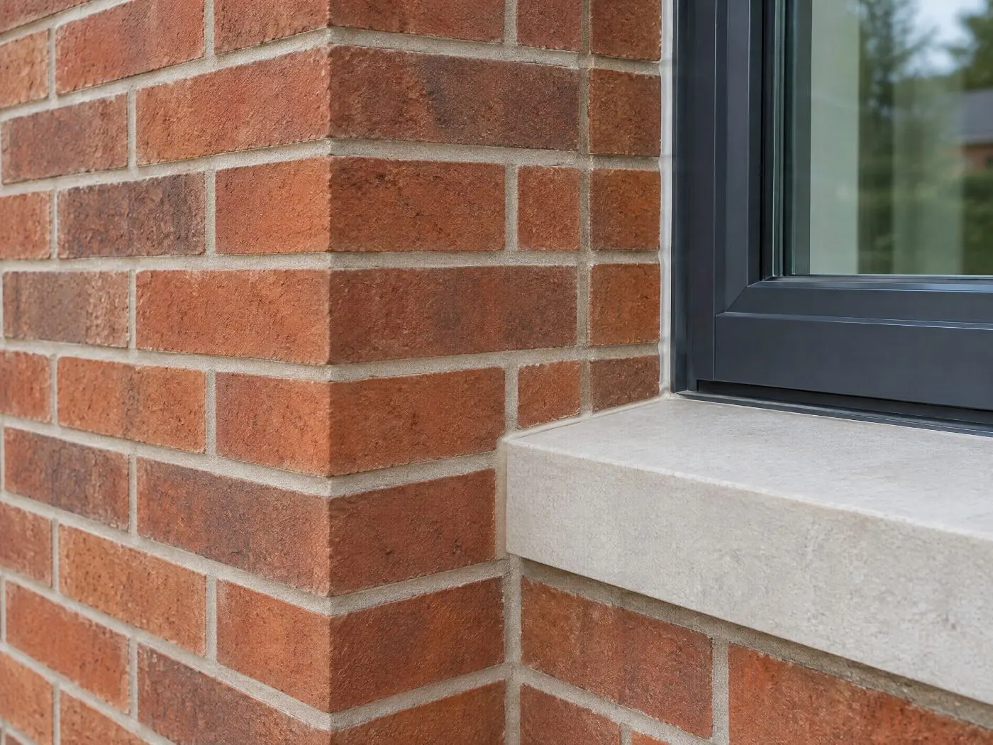Close view of a brick corner beside a stone window sill