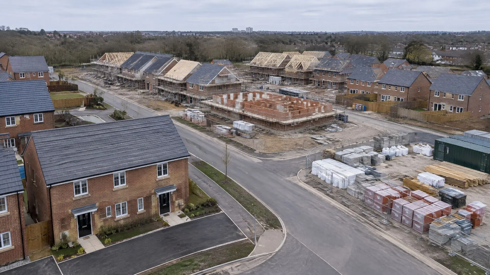 Aerial view of a housing development part-way through construction