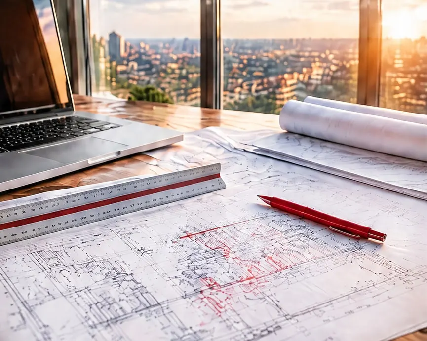 Construction drawings on a desk marked up in red, with a scale rule and a laptop