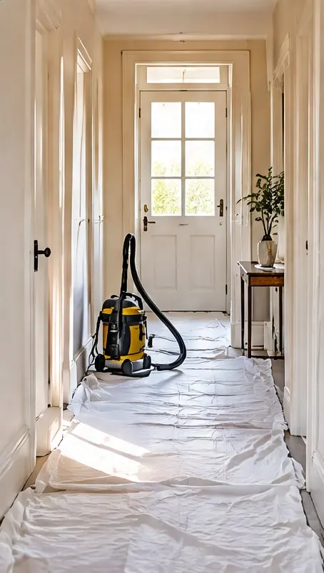 Hallway floor covered with clean dust sheets, a vacuum cleaner by the door