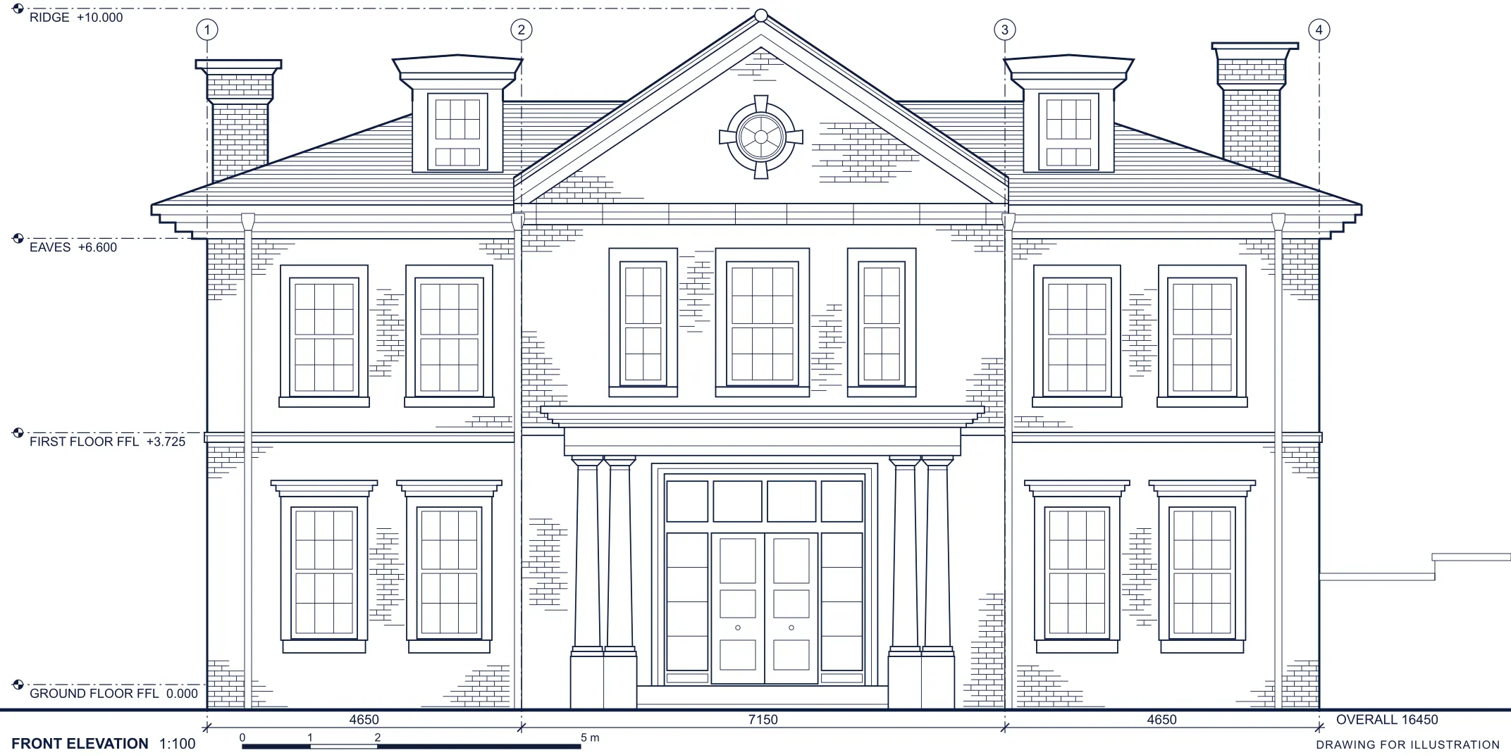 Architect’s front elevation of a two-storey brick house with a columned porch, a pediment and dormer windows, with grid lines, levels and dimensions