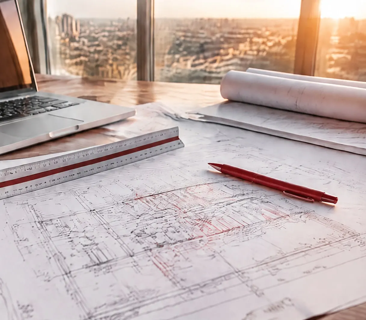 Construction drawings on a desk, marked up in red, with a scale rule, a pen and a laptop