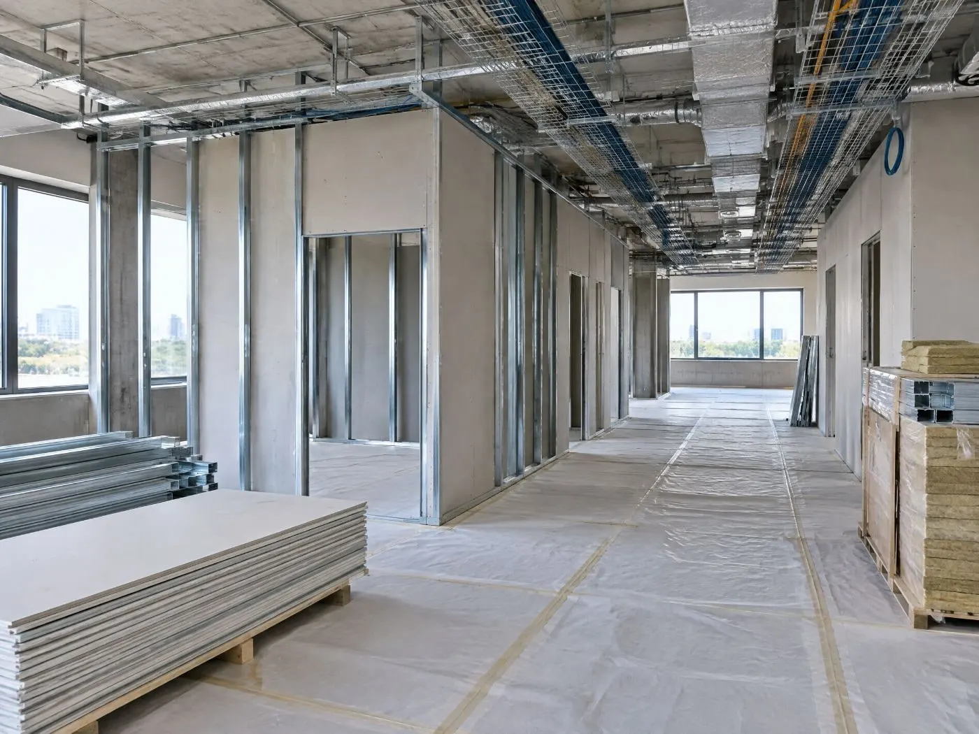 Commercial interior being fitted out, with metal stud partitions and ceiling services