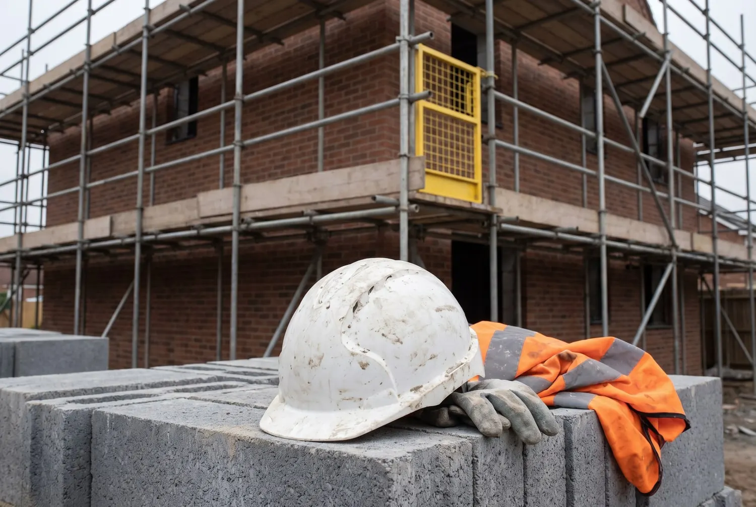 A used site helmet, work gloves and a high-visibility vest on a pack of blocks in front of a scaffolded house