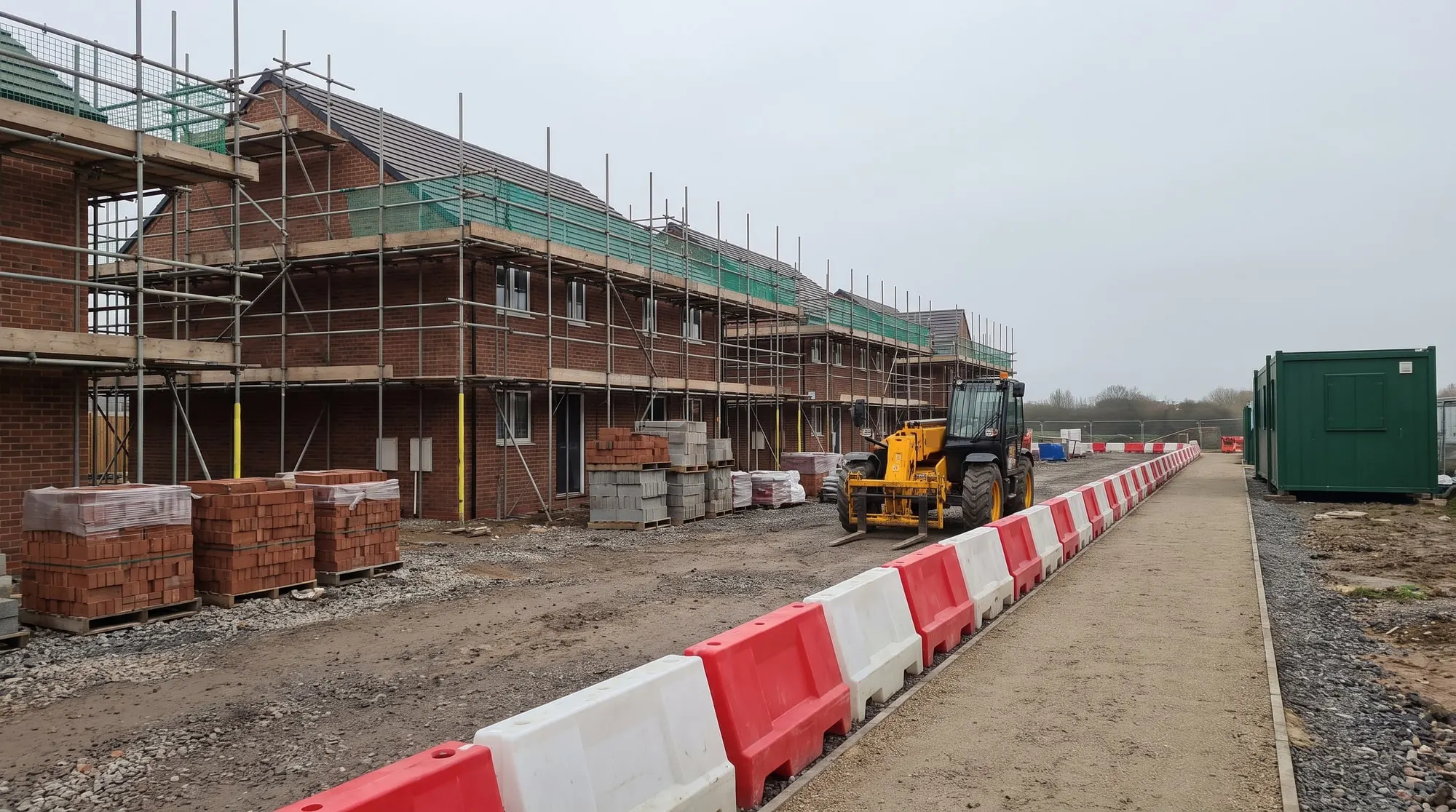 A walkway kept apart from the works by a line of red and white barriers, beside new houses under scaffolding
