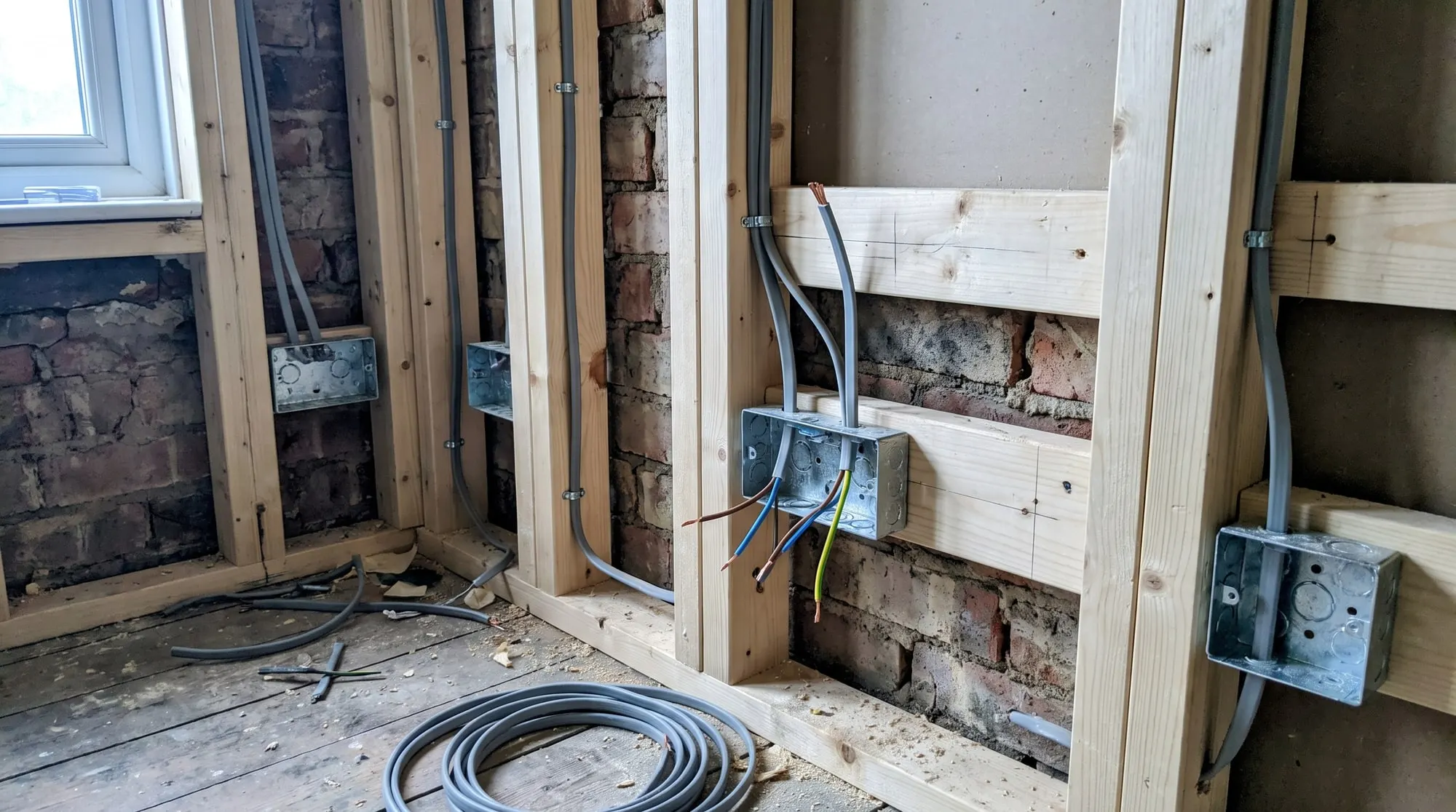 First-fix wiring on a timber stud wall: grey cables clipped down the studs into metal back boxes
