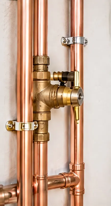 New copper pipework and a brass valve against a white wall