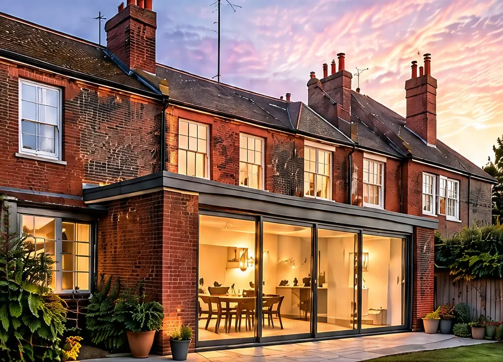 Glazed single-storey extension across the back of a brick house, lit from inside at dusk