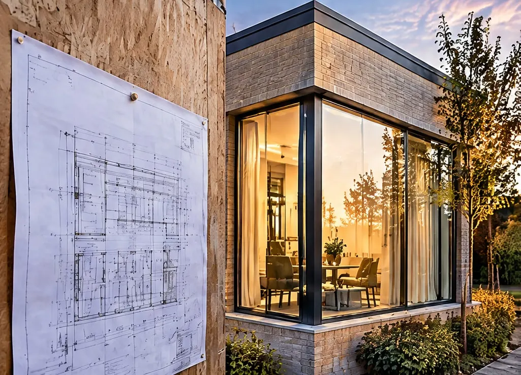 Drawing pinned to a site wall beside the finished brick and glass corner it describes
