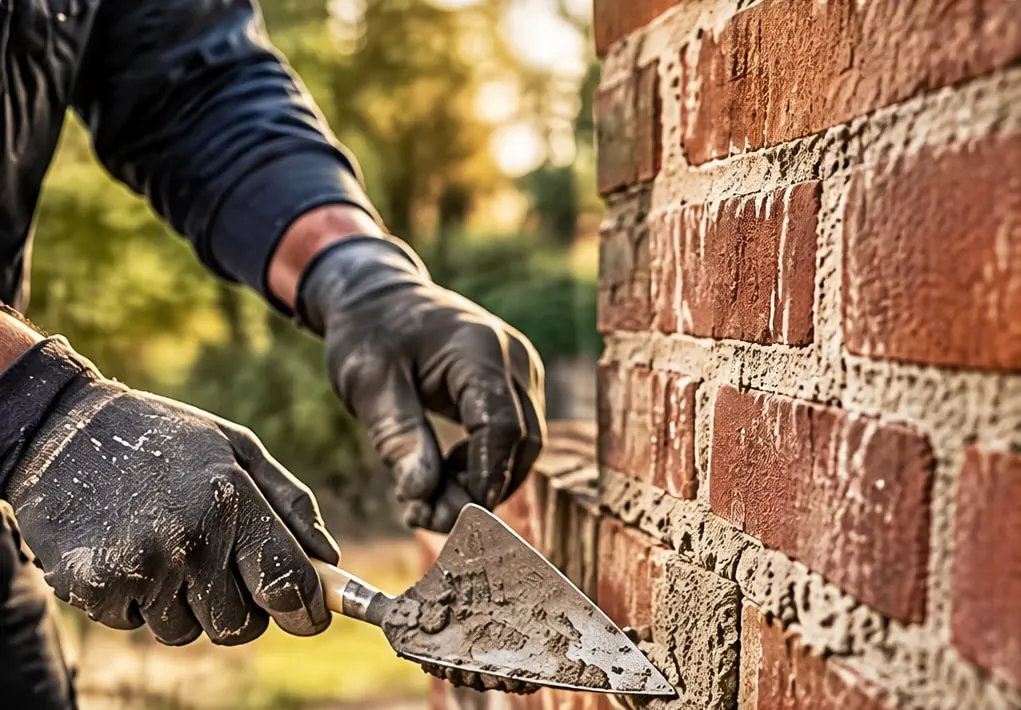 Gloved hands repointing old brickwork with a small trowel