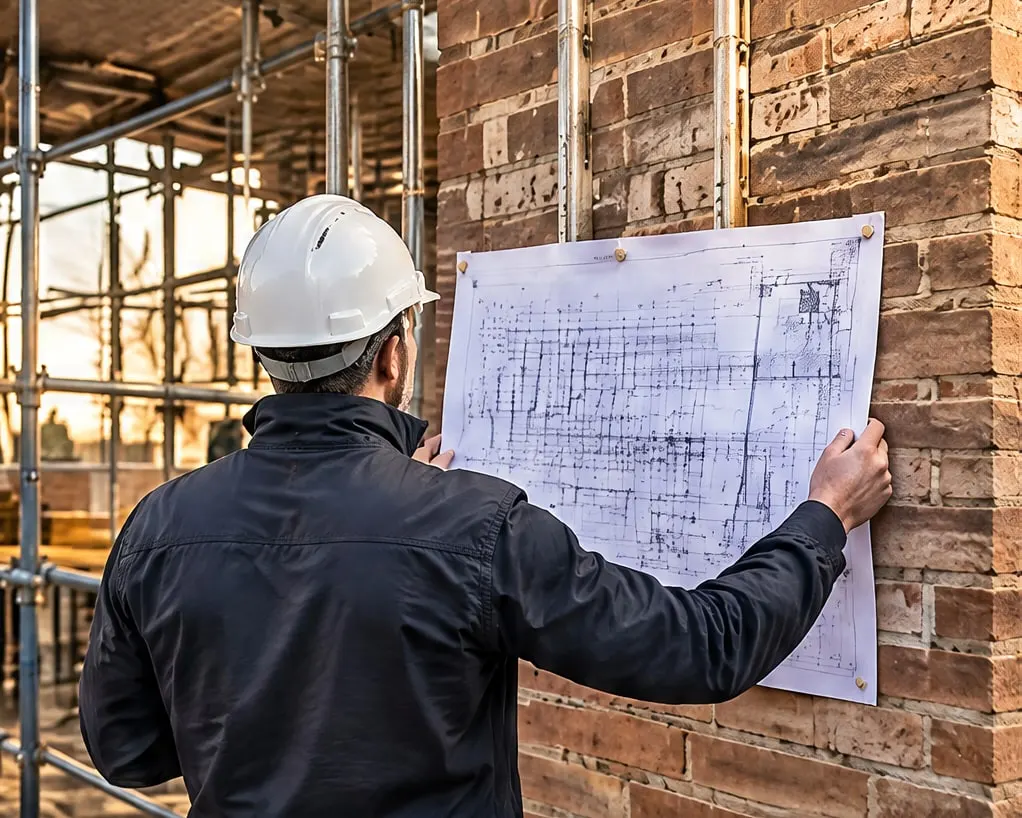 Site manager holding a drawing against a brick wall under construction