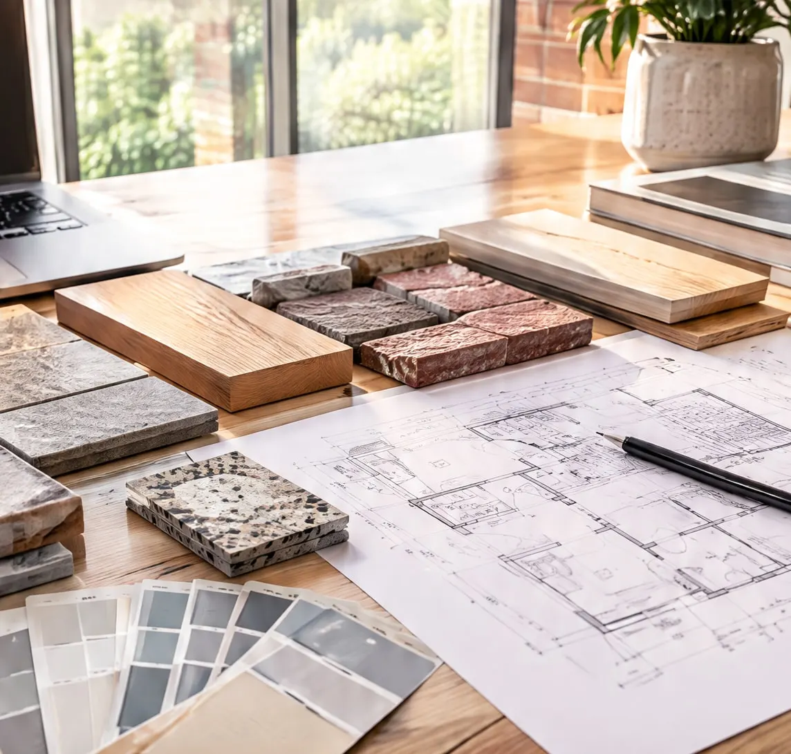 Oak, stone and brick samples laid on a floor plan, with a pencil resting on the drawing