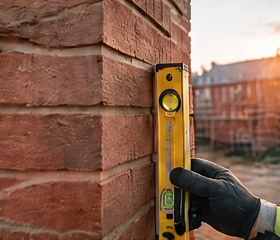 A spirit level held against the corner of new brickwork