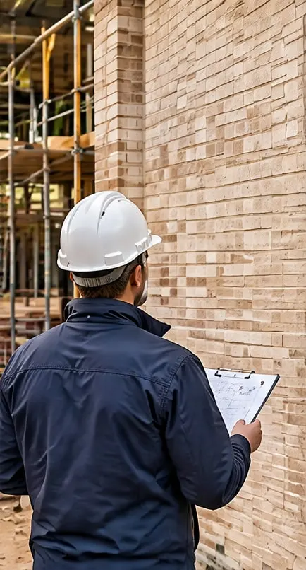 Site manager with a clipboard looking up at a pale brick wall