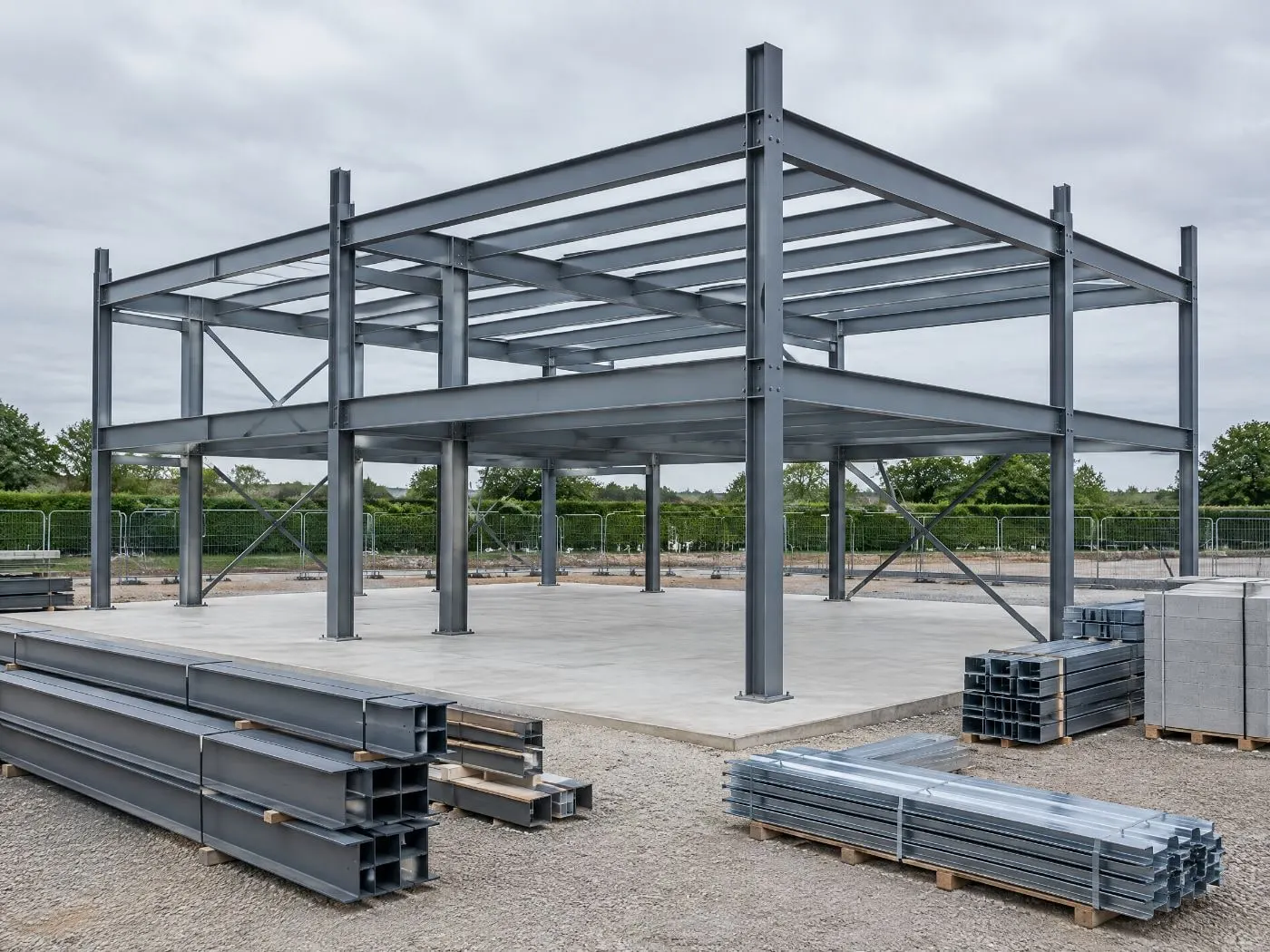 Steel frame of a two-storey building standing on its slab